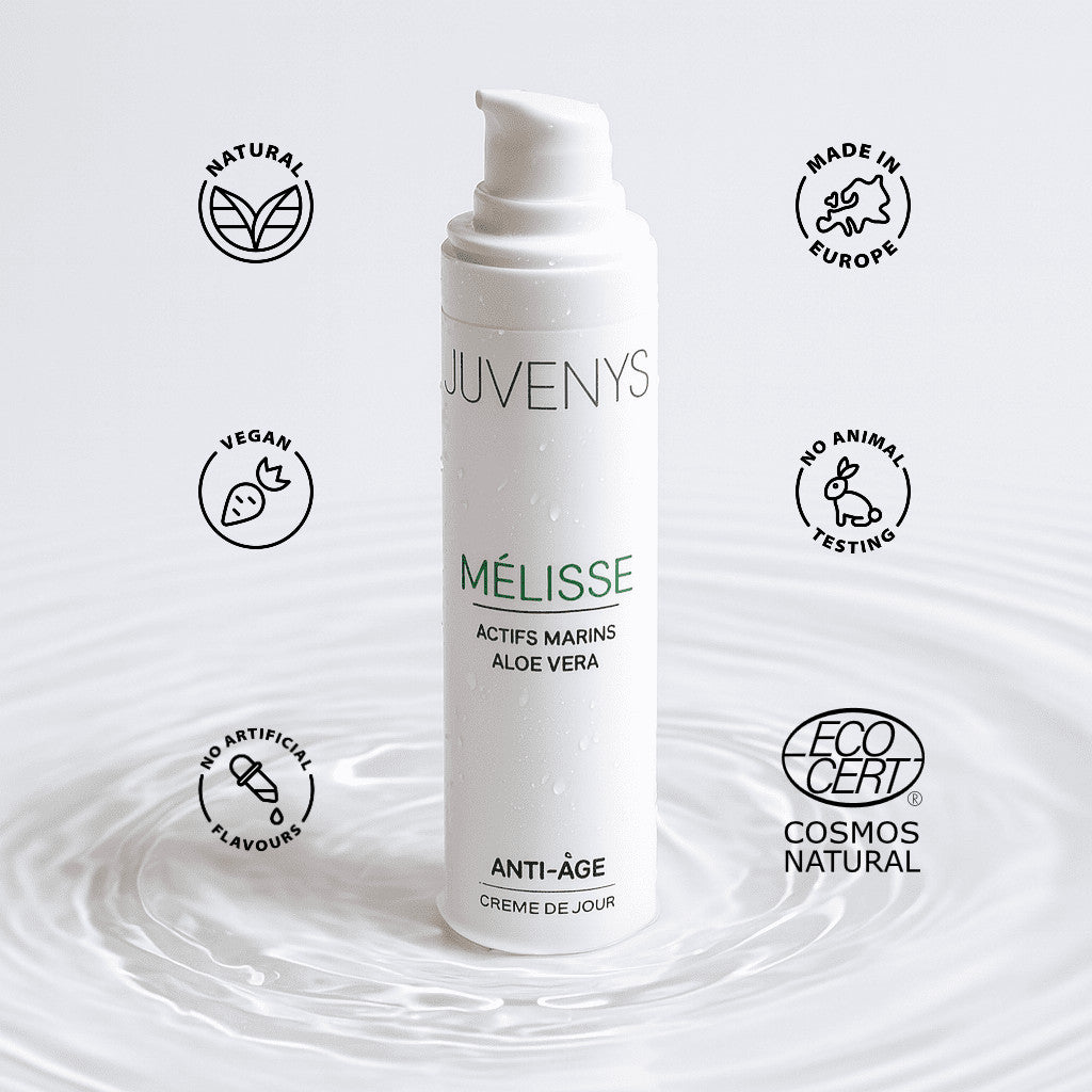 La crème de jour anti-age Juvenys est 100% d'origine naturel, végan, sans parfum artificiel, sans cruauté ni testé sur les animaux, certifié Cosmos Natural par EcoCert et fabriqué en Europe