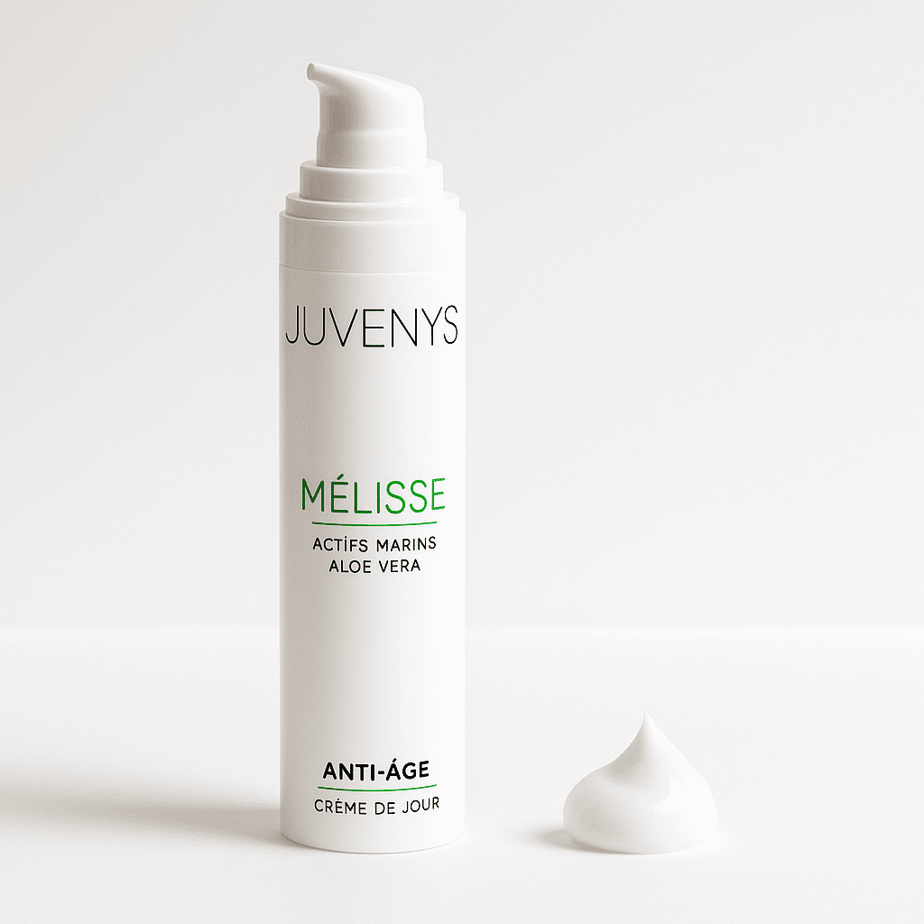 Vue avec noisette de la crème de jour anti-âge aux actifs marins innovants Juvenys